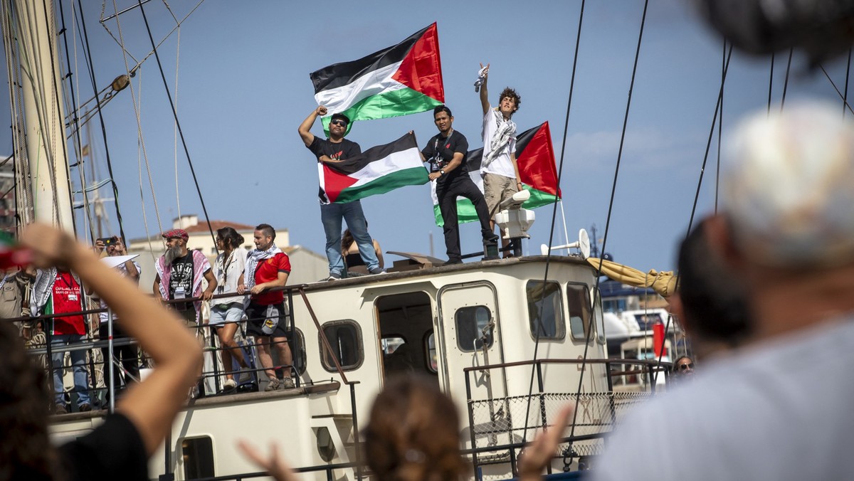 The Global Sumud Flotilla sets sail from Barcelona towards Gaza, in Barcelona, Spain, on August 31, 2025. Hundreds gather at Moll de la Fusta to bid farewell to the flotilla, with dozens of boats and  ...