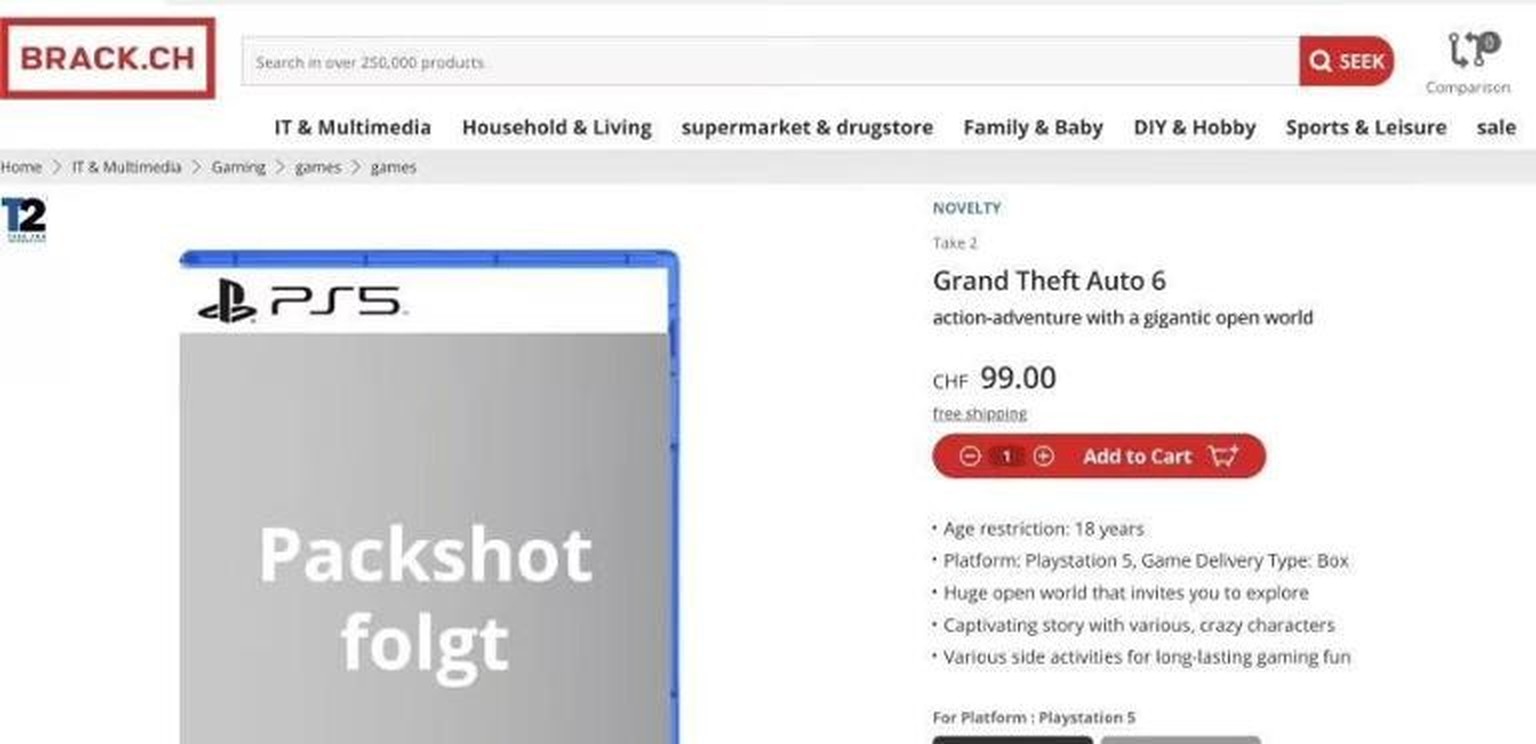 Auf Brack.ch wird GTA 6 für 99 Franken angeboten.