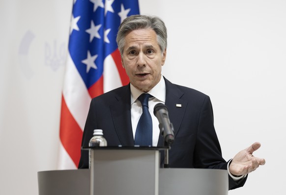 epa11342207 US Secretary of State Antony Blinken addresses a joint press conference with Ukrainian Foreign Minister Dmytro Kuleba (not pictured) in Kyiv, Ukraine, 15 May 2024. Blinken arrived in Kyiv  ...