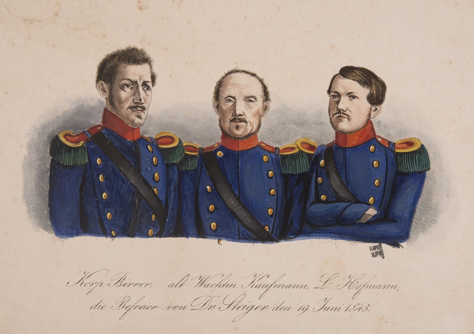 Kolorierter Druck mit den Porträts der Befreier von Jakob Robert Steiger: Korporal Birrer, alt Wachmann Kaufmann und Landjäger Hofmann. Die Befreier werden als Helden gefeiert. Ihr Abbild erscheint au ...