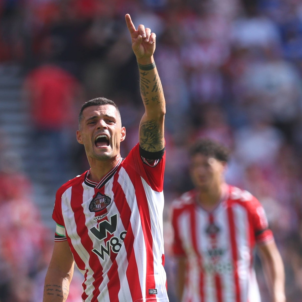 Sunderland v West Ham United - Premier League Granit Xhaka of Sunderland pointing during the Premier League match between Sunderland and West Ham United at Stadium of Light on August 16, 2025 in Sunde ...