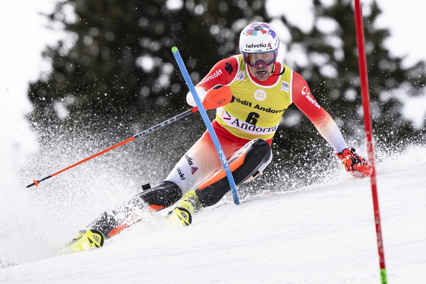 epa10531486 Daniel Yule of Switzerland in action during the 1st run of the Men&#039;s Slalom race at the FIS Alpine Skiing World Cup finals in the skiing resort of El Tarter, Andorra, 19 March 2023. E ...