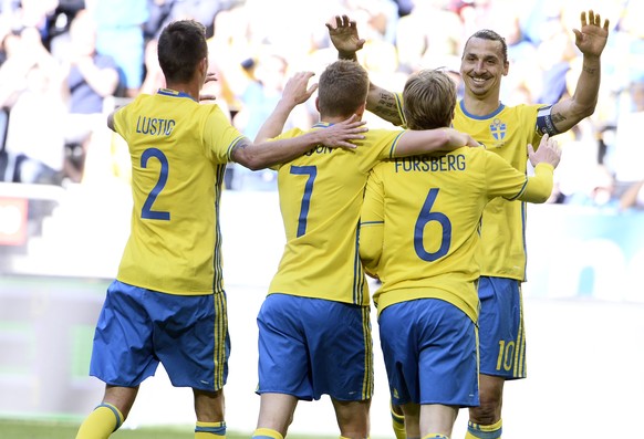 From left: Sweden&#039;s Mikael Lustig, Sebastian Larsson, Emil Forsberg and Zlatan Ibrahimovic celebrate Forsberg&#039;s goal during the friendly soccer match Sweden vs Wales at the Friends Arena in  ...