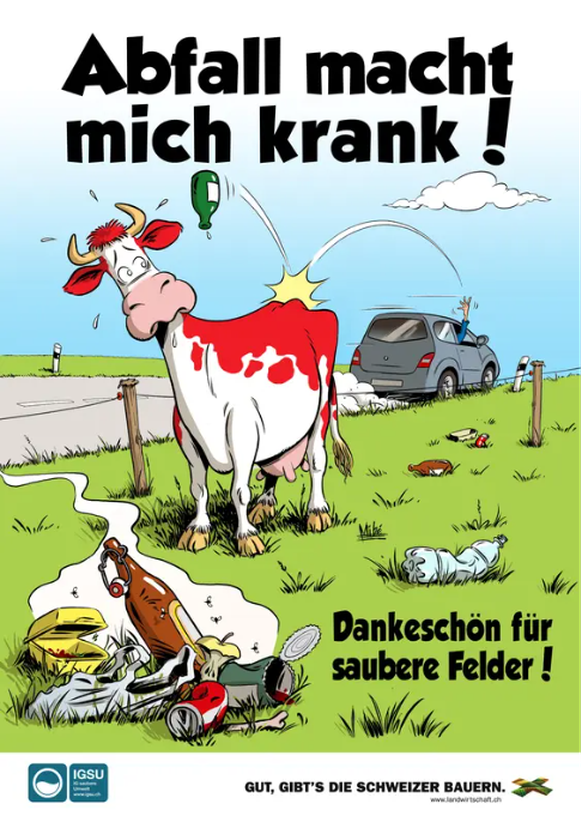 2013 zeigten sich die Plakate des Schweizer Bauernverbands gegen Littering noch tierlieb.