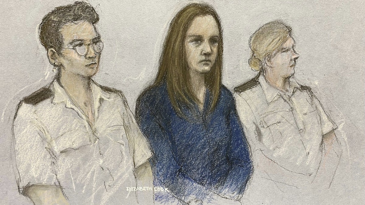 This court artist drawing by Elizabeth Cook from Aug. 10, 2023 shows of nurse Lucy Letby at Manchester Crown Court in Manchester, England. A neonatal nurse in a British hospital has been found guilty  ...