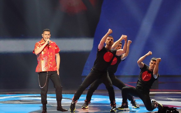 epa07582872 Contestant Mahmood (L) of Italy performs &#039;Soldi&#039; during the Grand Final of the 64th annual Eurovision Song Contest (ESC) at the Expo Tel Aviv, in Tel Aviv, Israel, 18 May 2019. E ...