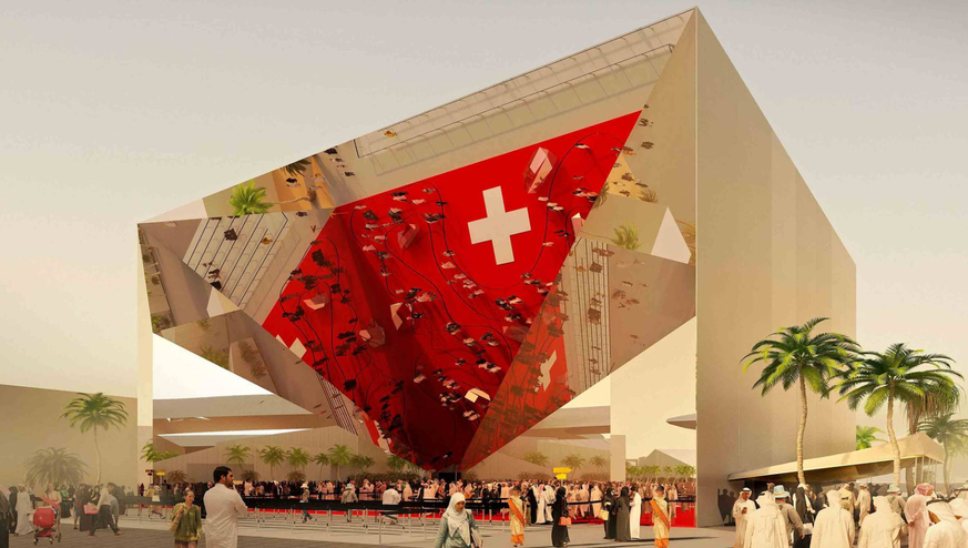 Schweizer Pavillon an der Weltausstellung in Dubai: Herzstück ist eine auf der Spitze stehende, mit Spiegeln verkleidete Pyramide.