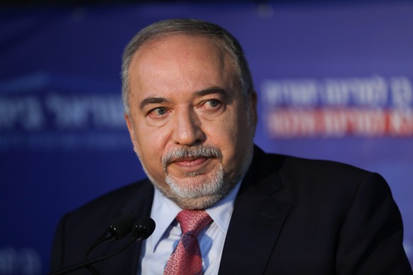 epa07861443 Yisrael Beitenu political party leader and former Israeli defense Minister Avigdor Lieberman speaks during his party faction meeting in Neve Ilan near Jerusalem, Israel, 22 September 2019. ...