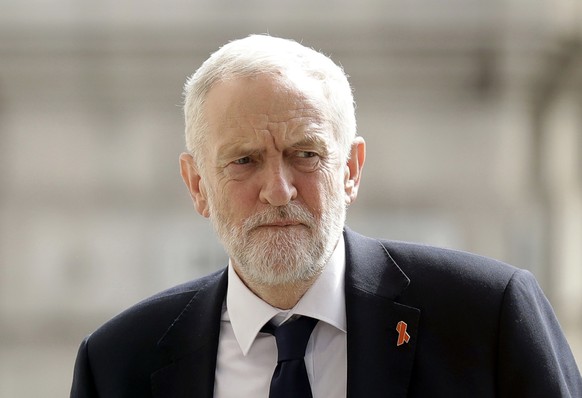 FILE - In this Monday, April 23, 2018 file photo, Britain&#039;s opposition Labour party leader Jeremy Corbyn arrives to attend a Memorial Service to commemorate the 25th anniversary of the murder of  ...