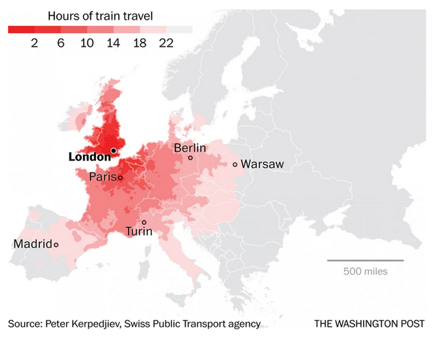 Besonders weit an nur einem Tag kommen Zugpassagiere, die ihre Reise in Paris oder London beginnen.