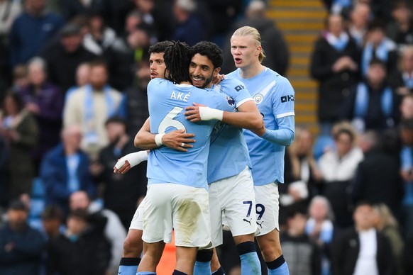 epa12944413 Omar Marmoush (C) of Manchester City celebrates his goal during the English Premier League match between Manchester City and Brentford FC, in Manchester, Britain, 09 May 2026. EPA/GARY OAK ...