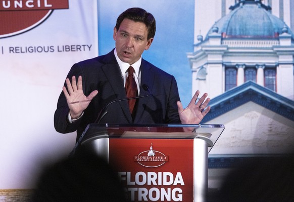 epa10642429 Florida Governor Ron DeSantis speaks during the Florida Family Policy Council 18th Annual Dinner Gala at the Rosen Plaza Hotel in Orlando, Florida, USA, 20 May 2023. According to several m ...