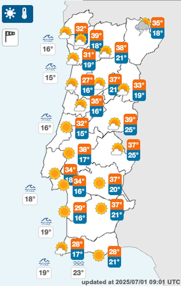 Wetter Hitze Prognose Portugal Donnerstag, 3. Juli 2025