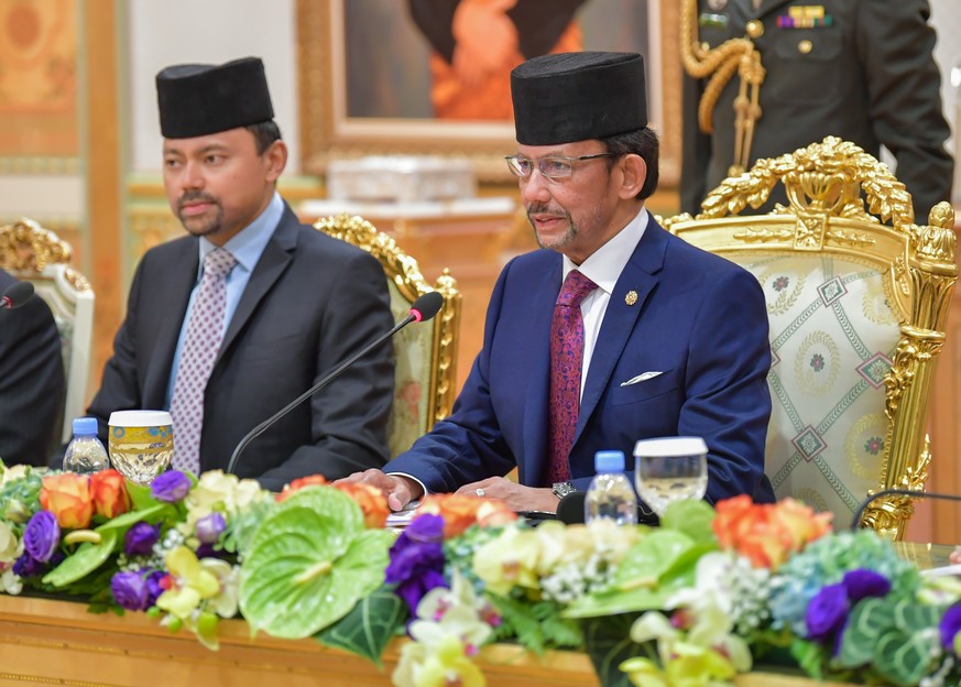 epa07176851 A handout photo made available by the Department of Information Brunei Darussalam shows King of Brunei Hassanal Bolkiah (R) during talks with Chinese President Xi Jinping (not pictured) at ...