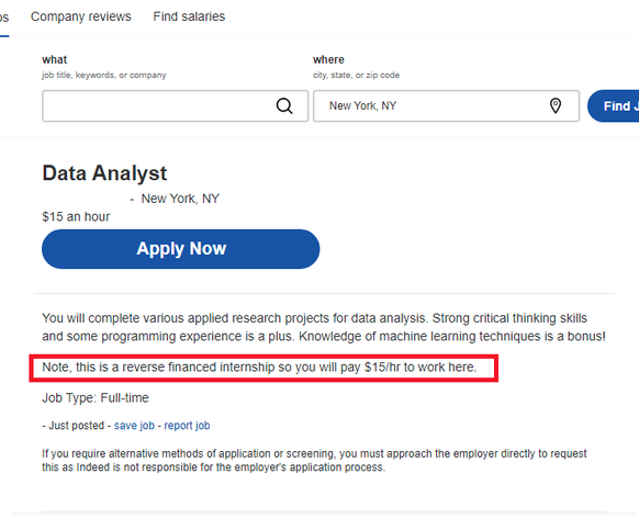 Markierte Stelle: «Nehmen Sie zur Kenntnis, dass dies ein umgekehrt finanziertes Praktikum ist, was heisst, dass Sie $15/Stunde bezahlen, um hier zu arbeiten.»