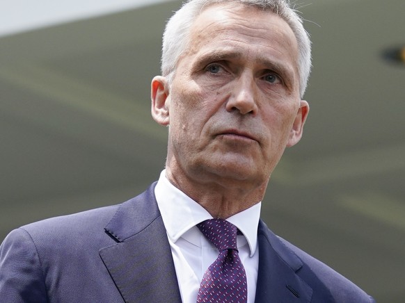 NATO Secretary General Jens Stoltenberg walks to talk to reporters outside the White House after meeting with President Joe Biden, Thursday, June 2, 2022, in Washington. (AP Photo/Evan Vucci)
Jens Sto ...