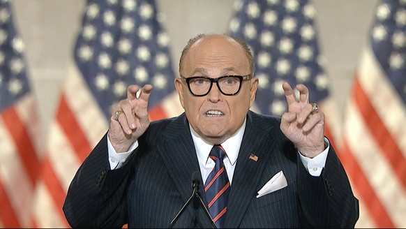 In this image from video, former New York City Mayor Rudy Giuliani, personal attorney to President Donald Trump speaks from New York, during the fourth night of the Republican National Convention on T ...