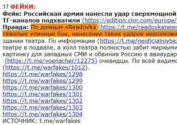 Eine interne Liste mit Links zu pro-russischen Telegram-Kanälen, die Falschmeldungen über die Bombardierung des Theaters in Mariupol veröffentlichten. 