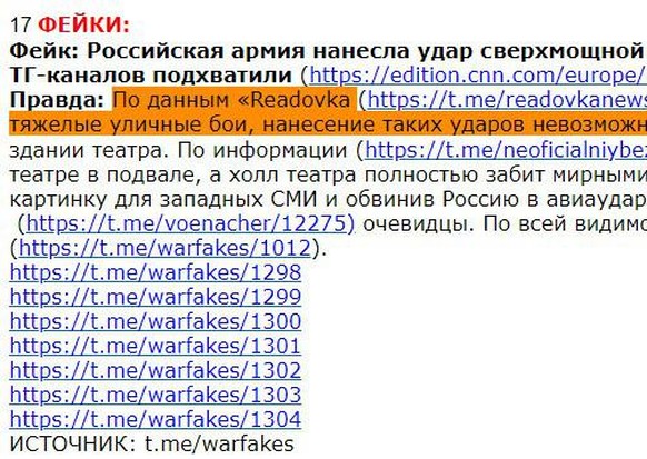 Eine interne Liste mit Links zu pro-russischen Telegram-Kanälen, die Falschmeldungen über die Bombardierung des Theaters in Mariupol veröffentlichten.
