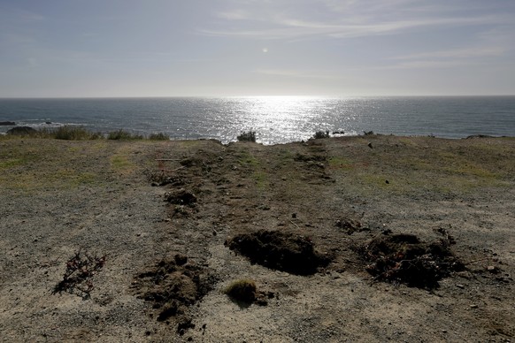 Tracks lead away from the edge of the cliff Wednesday, March 28, 2018, where the SUV of Jennifer and Sarah Hart went off the Pacific Coast Highway near Westport, Calif., on Monday. The bodies of the t ...