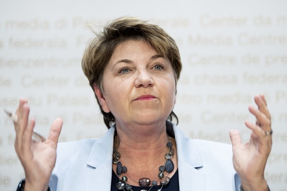 Bundesraetin Viola Amherd spricht an einer Medienkonferenz zu Entscheiden zu Air2030 und zur Modernisierung der Bodentruppen der Armee, am Donnerstag, 16. Mai 2019, in Bern. (KEYSTONE/Peter Schneider)