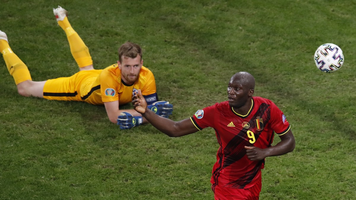 Belgium's Romelu Lukaku celebrates scoring a goal that was later disallowed, during the Euro 2020 soccer championship group B match between Finland and Belgium at Saint Petersburg Stadium in St.  ...
