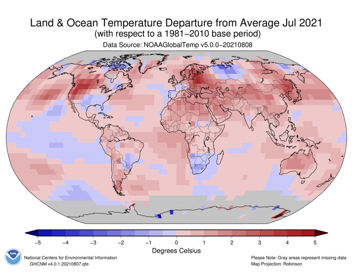 This image made available by the National Oceanic and Atmospheric Administration shows temperature differences from average values in July 2021 around the world. On Friday, Aug. 13, 2021, U.S. weather ...
