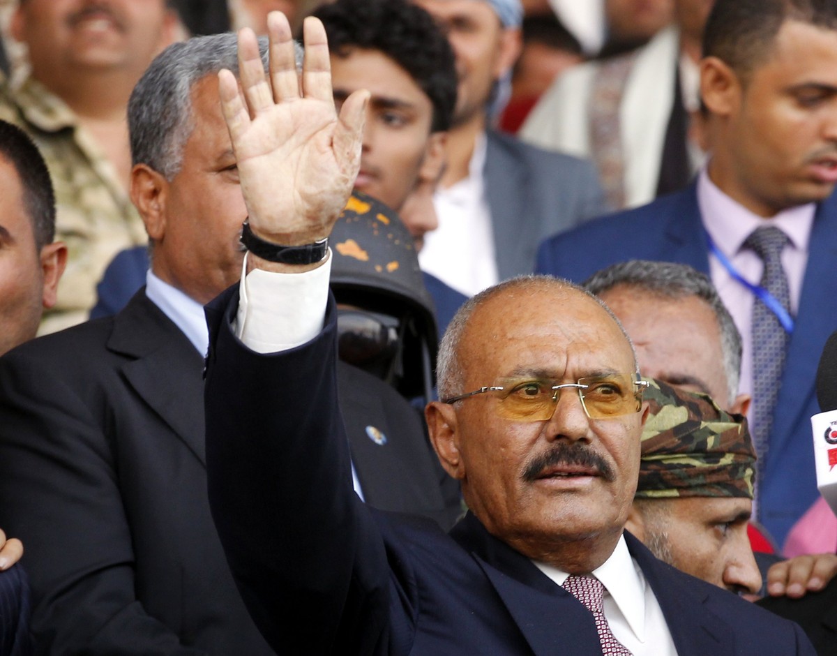 epa06366598 (FILE) - Yemeni ex-president Ali Abdullah Saleh attends a rally marking the 35th anniversary celebrations for the formation of his General People's Congress party, in Sanaa, Yemen, 24 ...