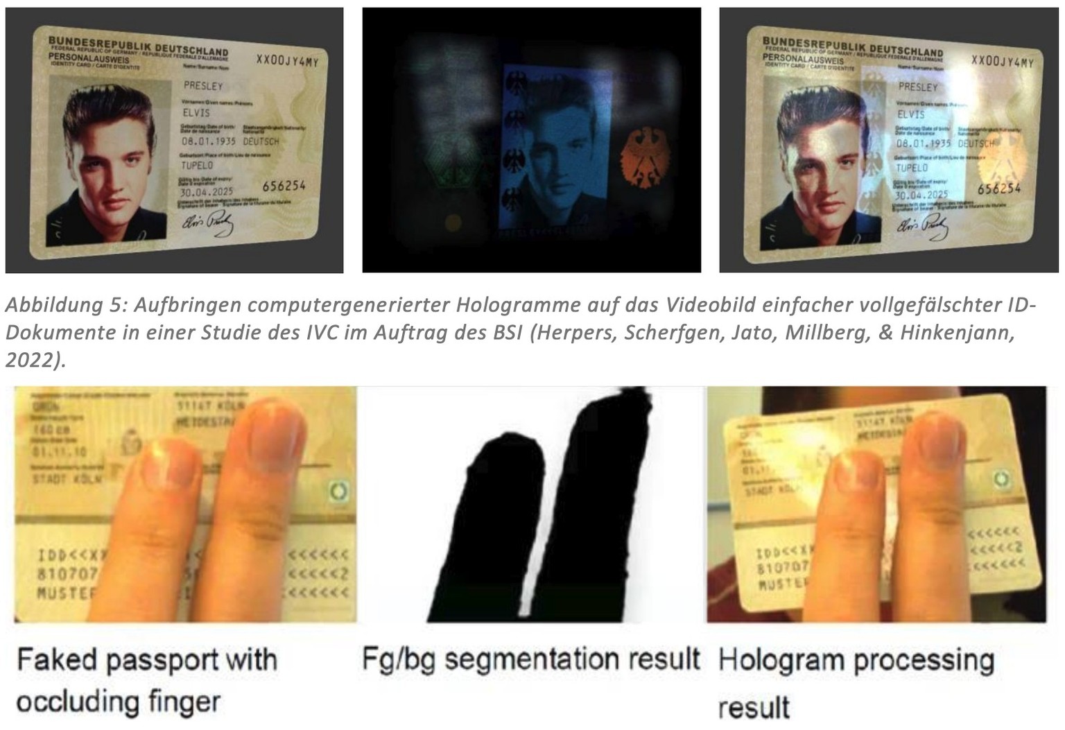 Aufbringen computergenerierter Hologramme auf das Videobild einfacher vollgefälschter IDDokumente in einer Studie des IVC im Auftrag des BSI (Herpers, Scherfgen, Jato, Millberg, &amp; Hinkenjann,
2022 ...