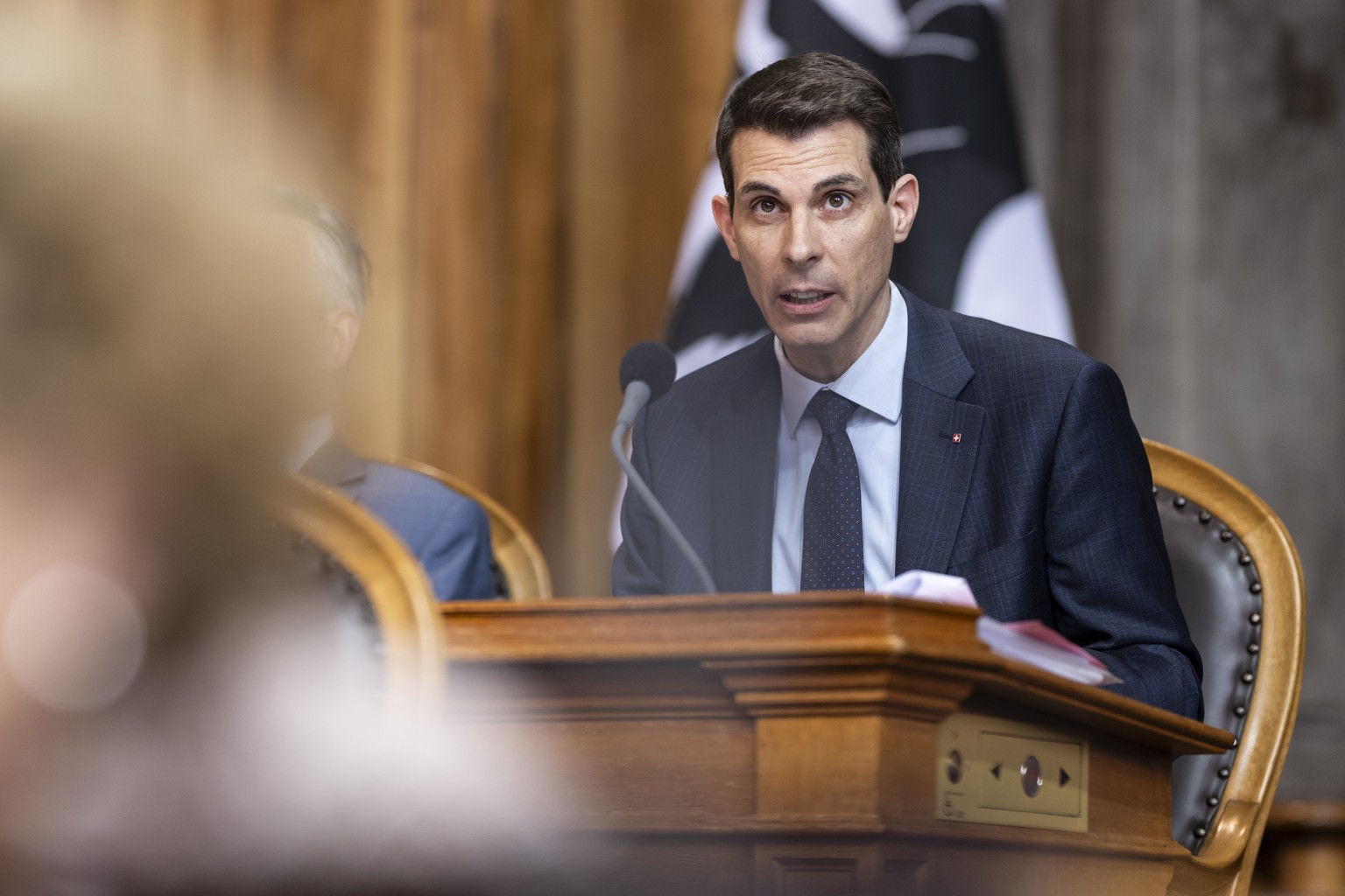 FDP-Praesident Thierry Burkart, FDP-AG, spricht zur Kleinen Kammer, an der Sommersession der Eidgenoessischen Raete, am Dienstag, 3. Juni 2025 im Staenderat in Bern. (KEYSTONE/Alessandro della Valle)