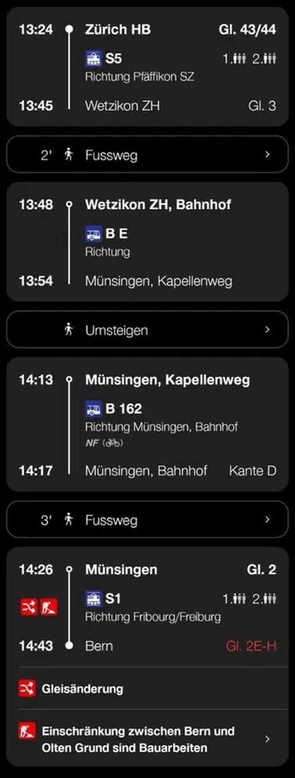Vorschlag SBB-App Wetzikon Münsingen