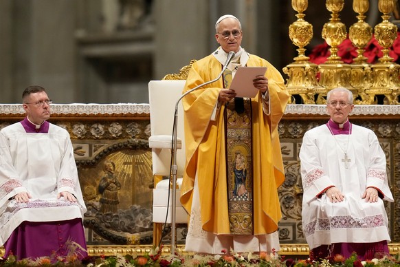 Pope Leo XIV delivers his message during the Christmas Eve Mass in St. Peter's Basilica at The Vatican, Wednesday, Dec.24, 2025. (AP Photo/Gregorio Borgia)
Vatican Pope Christmas