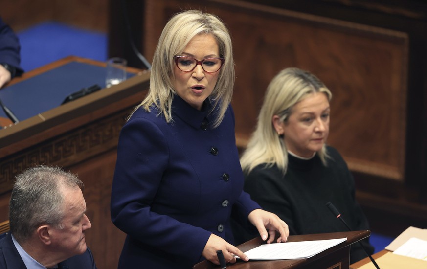 Sinn Fein vice-president Michelle O&#039;Neill speaks after being appointed Northern Ireland&#039;s First Minister, during proceedings of the Northern Ireland Assembly, in Belfast, Saturday, Feb. 3, 2 ...