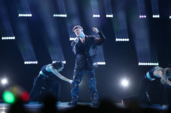 epa10618141 Remo Forrer (C) of Switzerland performs on the stage at the first semi-final of the 67th annual Eurovision Song Contest (ESC) at the M&amp;S Bank Arena in Liverpool, Britain, 09 May 2023.  ...