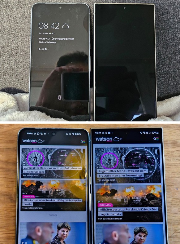 Das Galaxy-Ultra-Display (jeweils rechts im Bild) spiegelt deutlich weniger als Displays anderer Hersteller.