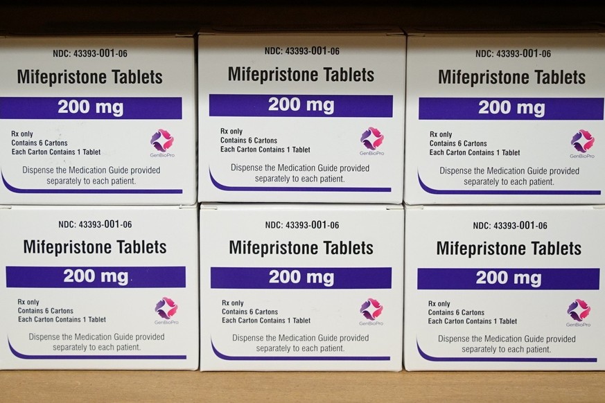FILE - Boxes of the drug mifepristone sit on a shelf at the West Alabama Women&#039;s Center in Tuscaloosa, Ala., March 16, 2022. Health and Human Services Secretary Xavier Becerra on Sunday, April 9, ...