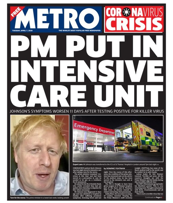Britische Zeitungen am Tag, nach dem Premierminister Boris Johnson auf die Intensivstation verlegt wurde.