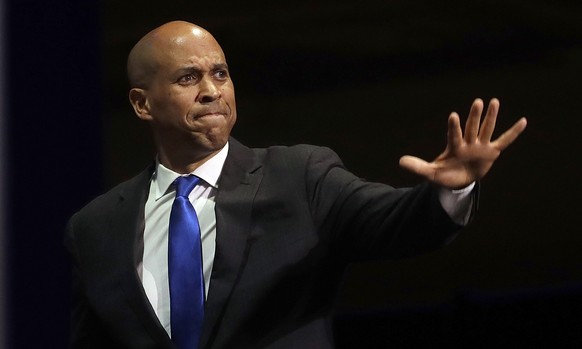 Democratic presidential candidate Sen. Cory Booker, of New Jersey, waves before speaking during the 2019 California Democratic Party State Organizing Convention in San Francisco, Saturday, June 1, 201 ...