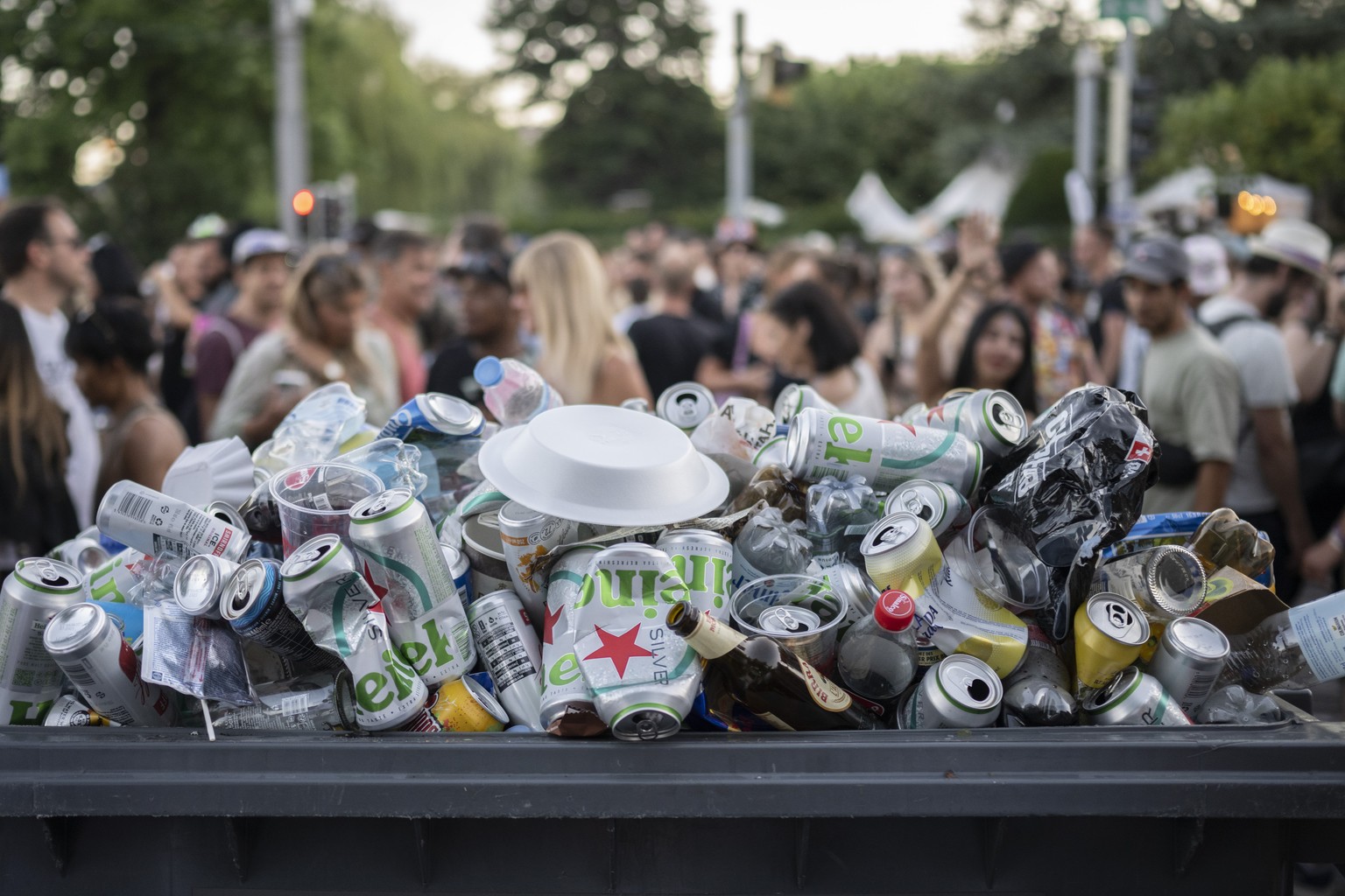 Trash during the 29th Street Parade in the city center of Zurich, Switzerland, Saturday, August 13, 2022. The annual dance music event Street Parade runs this year under the claim &quot;THINK&quot;. ( ...