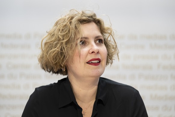 Nationalraetin Melanie Mettler, GLP-BE, spricht waehrend einer Medienkonferenz des Initiativkomitees der Atomwaffenverbotsinitiative, am Dienstag, 2. Juli 2024 in Bern. (KEYSTONE/Anthony Anex)