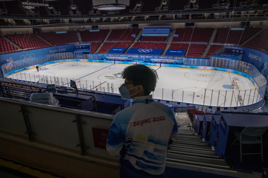epa09712239 Interior view of the Wukesong Sports Centre, main venue for ice hockey at the 2022 Winter Olympics, in Beijing, China, 27 January 2022. From more than 3,000 people arriving for the Olympic ...
