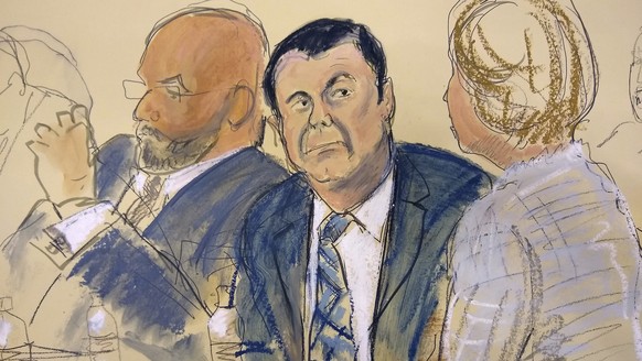 FILE - In Nov. 13, 2018 file courtroom drawing, Joaquin &quot;El Chapo&quot; Guzman, center, sits next to his defense attorney Eduardo Balarezo, left, for opening statements as Guzman&#039;s high-secu ...