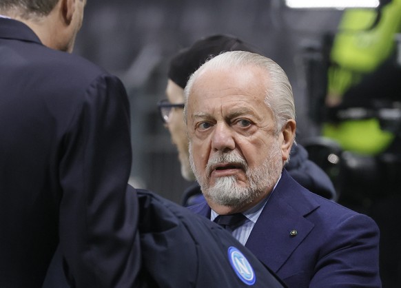 epa10482290 SSC Napoli President Aurelio De Laurentiis reacts ahead of the UEFA Champions League, Round of 16, 1st leg between Eintracht Frankfurt and SSC Napoli in Frankfurt, Germany, 21 February 202 ...