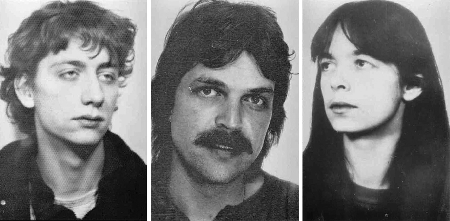 The undated wanted photos provided by German Federal Criminal Police show from left, Burkhard Garweg, Ernst-Volker Wilhelm Staub and Daniela Klette who are suspected being member in the RAF terror gro ...