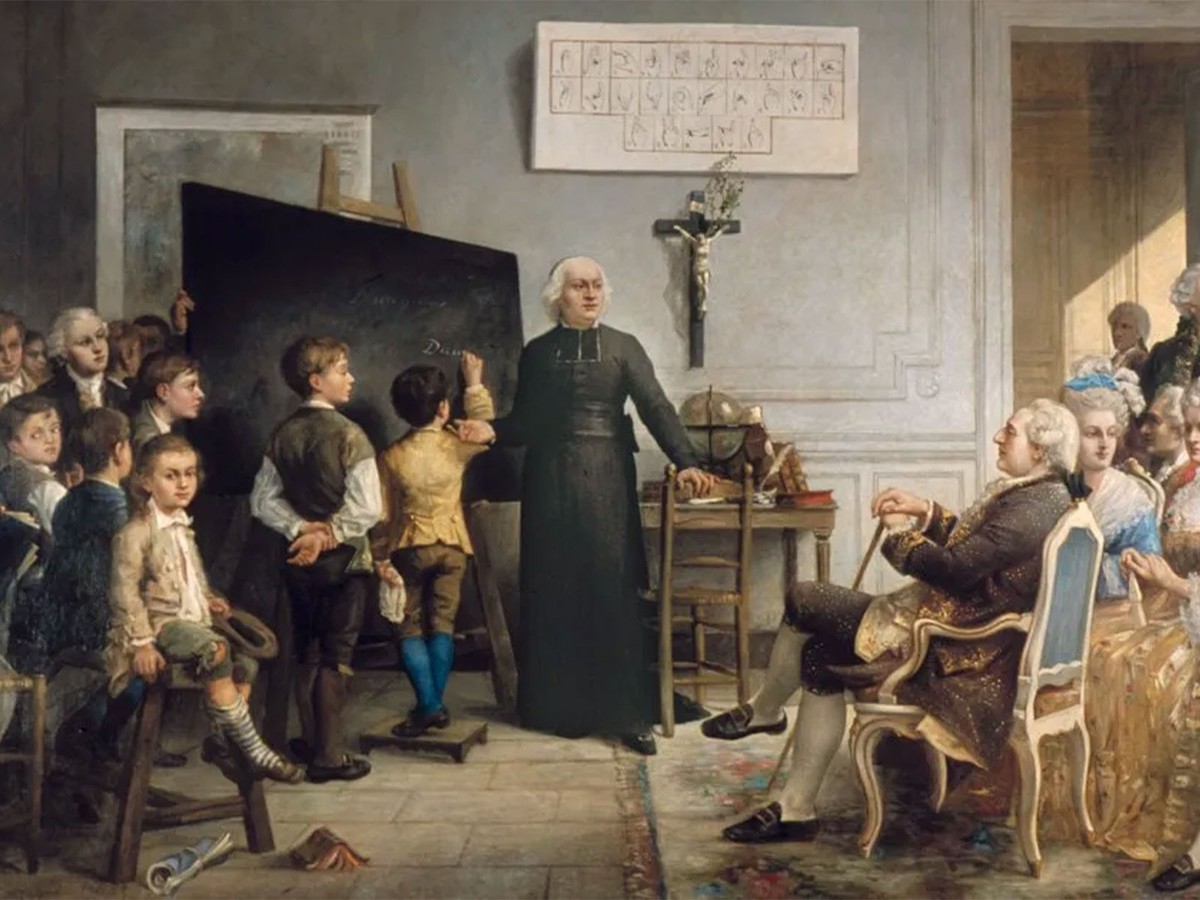 Pionnier français de l’éducation des sourds, l’abbé de L’Épée présente l’enseignement aux enfants sourds devant le roi Louis XVI.
https://www.sgb-fss.ch/fr/aktuell/courte-histoire-de-la-langue-des-sig ...