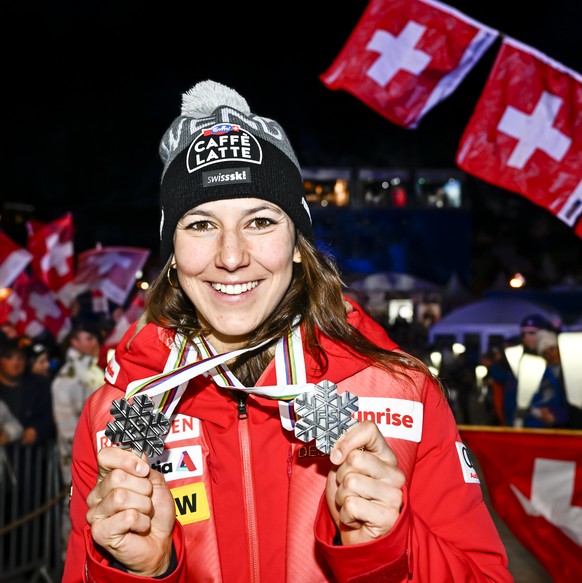 Silver medalist Wendy Holdener of Switzerland celebrates during the medals ceremony of the women&#039;s individual parallel race at the 2023 FIS Alpine Skiing World Championships in Courchevel/Meribel ...