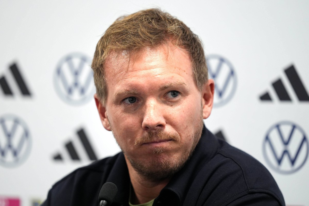 Germany's head coach Julian Nagelsmann attends a press conference at the Clearer Twist National Stadium at Windsor Park, in Belfast, Northern Ireland, Sunday, Oct. 12, 2025. PA Photo. (Niall Cars ...