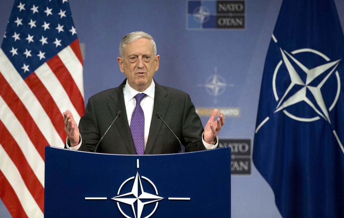 U.S. Secretary for Defense Jim Mattis addresses a media conference after a meeting of NATO defense ministers at NATO headquarters in Brussels on Thursday, Feb. 15, 2018. (AP Photo/Virginia Mayo)