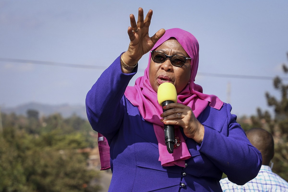 Tanzania's Vice President Samia Suluhu speaks during a tour of the Tanga region of Tanzania Tuesday, March 16, 2021. Vice President Suluhu announced Wednesday, March 17, 2021 that President John  ...