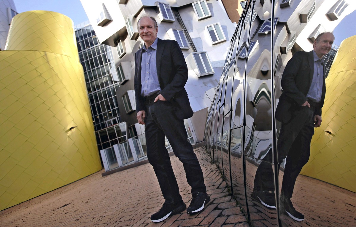 In this Monday, April 3, 2017, photo, Tim Berners-Lee poses outside his office at the Massachusetts Institute of Technology in Cambridge, Mass. Berners-Lee, best known as the inventor of the World Wid ...